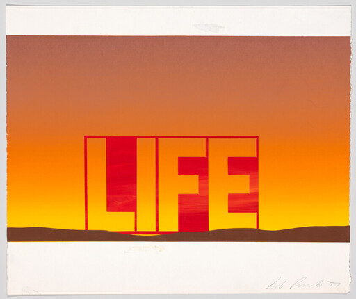 Large red block letters spelling LIFE stand against an orange sunset above a dark horizon.