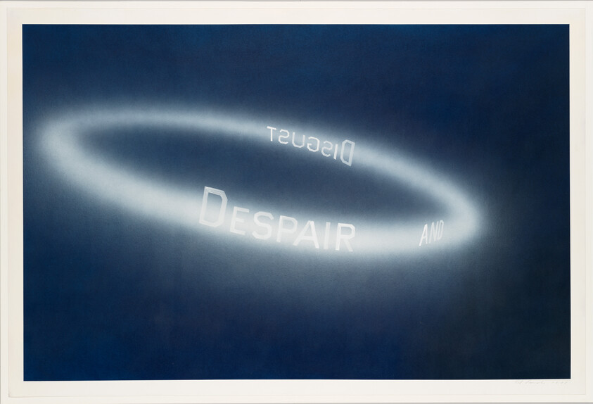 A glowing white ring against a dark blue background with the word Despair and faint words.