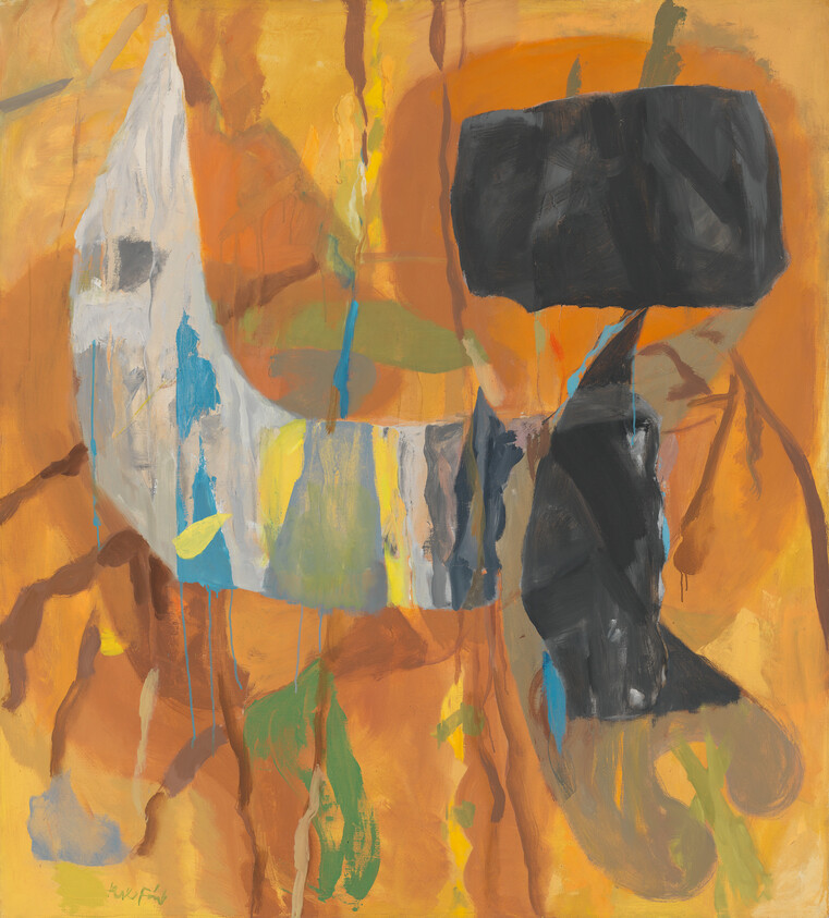 Abstract painting with orange background, white curved shape, black block, and flowing colorful drips.
