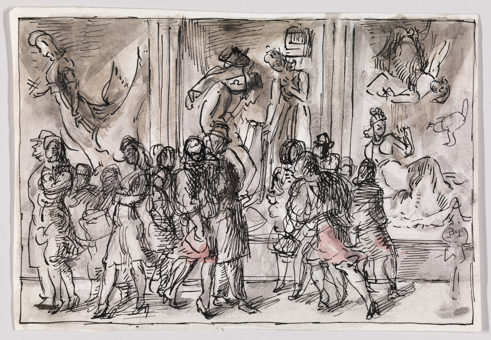 Crowd of people gathered in front of large paintings inside a gallery, talking and viewing art.