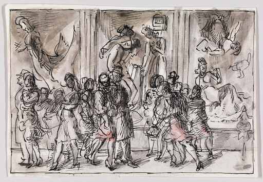 Crowd of people gathered in front of large paintings inside a gallery, talking and viewing art.
