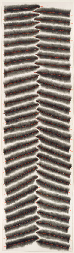 Rows of diagonal dark brushstroke shapes stitched with thin red lines down a vertical canvas.