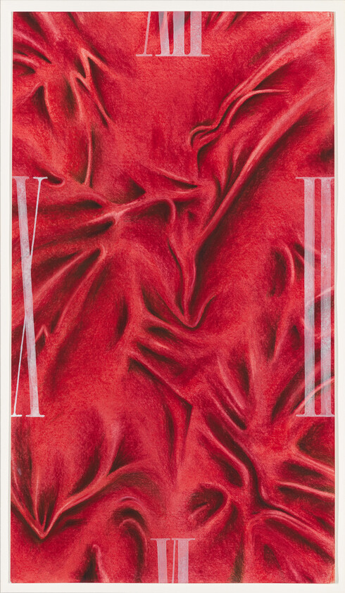 Red satin-like fabric with folds and pale Roman numerals marking clock positions around the edges.
