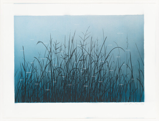 Tall dark grasses stand against a blue gradient background with faint white name labels.