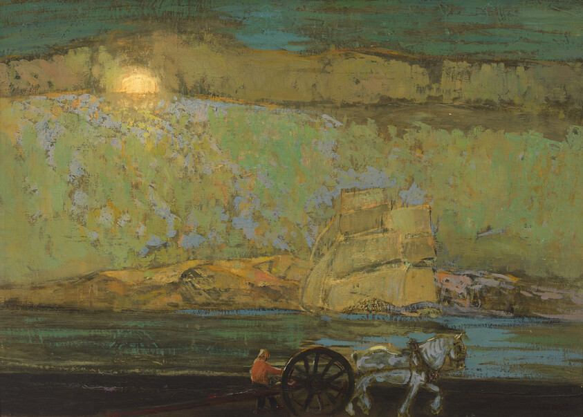 A horse-drawn cart with a seated driver travels along a shore while a sailing ship passes.