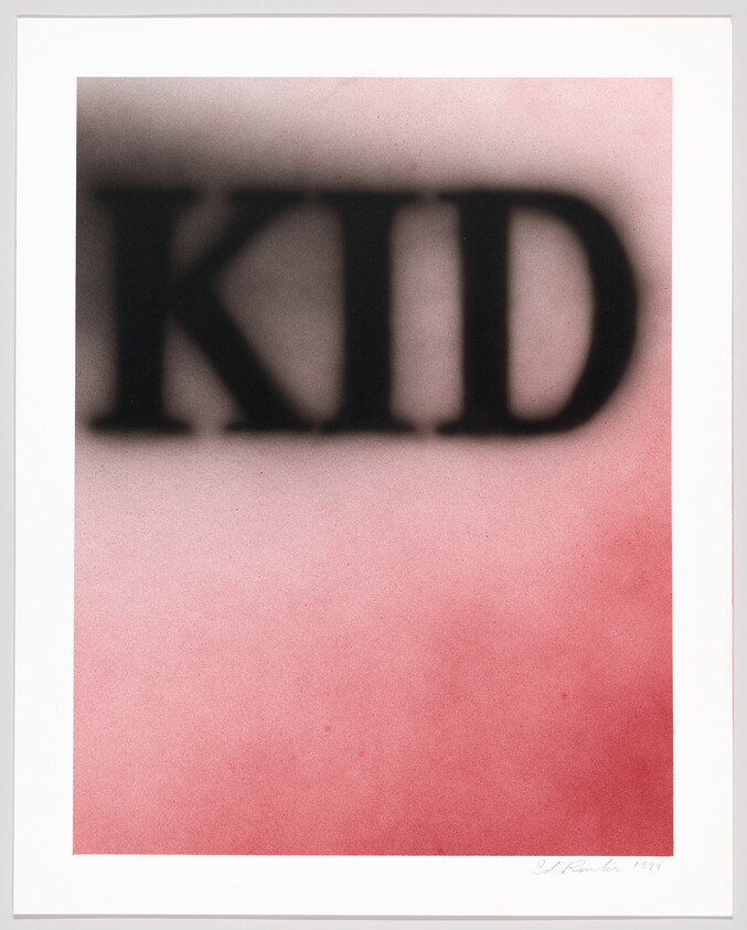A graphic artwork featuring a shadowed, stencil-like rendering of the letters "KID" in bold, with a blurred effect against a gradient background that transitions from a darker shade at the top to a lighter pink hue towards the bottom. The artist's signature and the year 1999 are written in the lower right corner.