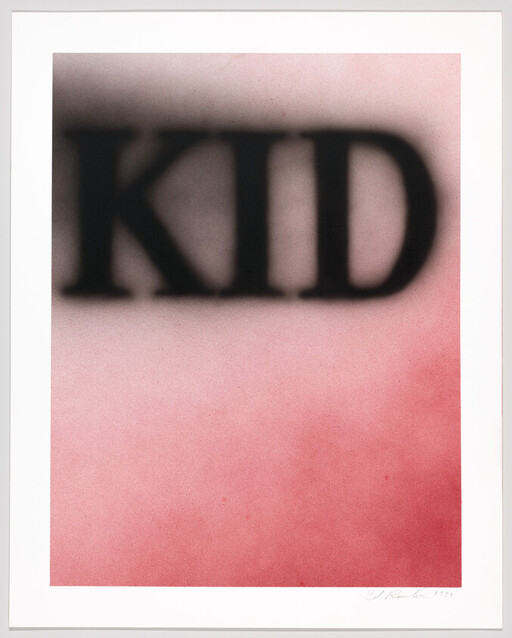 Large blurred black letters reading "KID" over a pink gradient background.