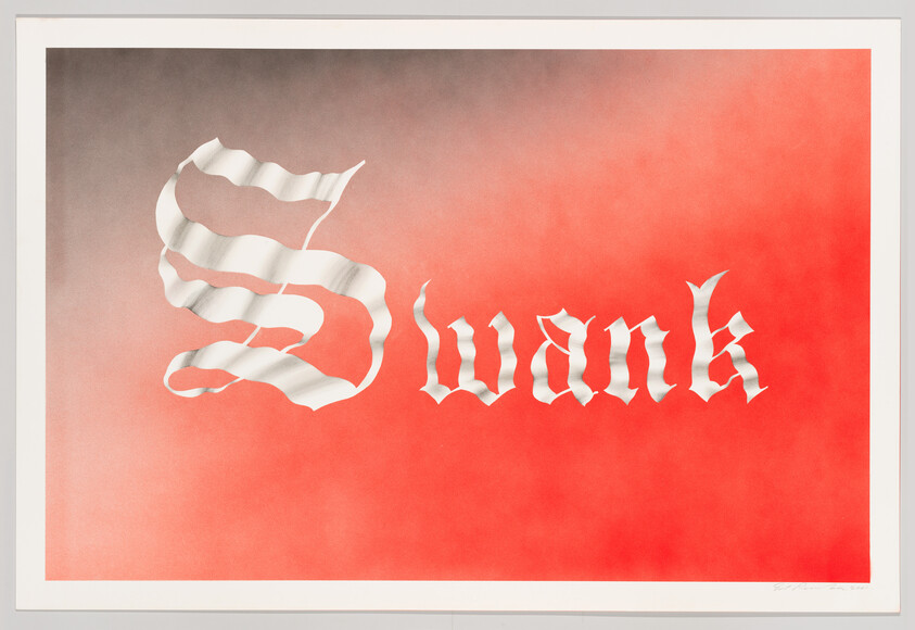 White ribbon-like lettering spells "Swank" across a red and gray gradient background.