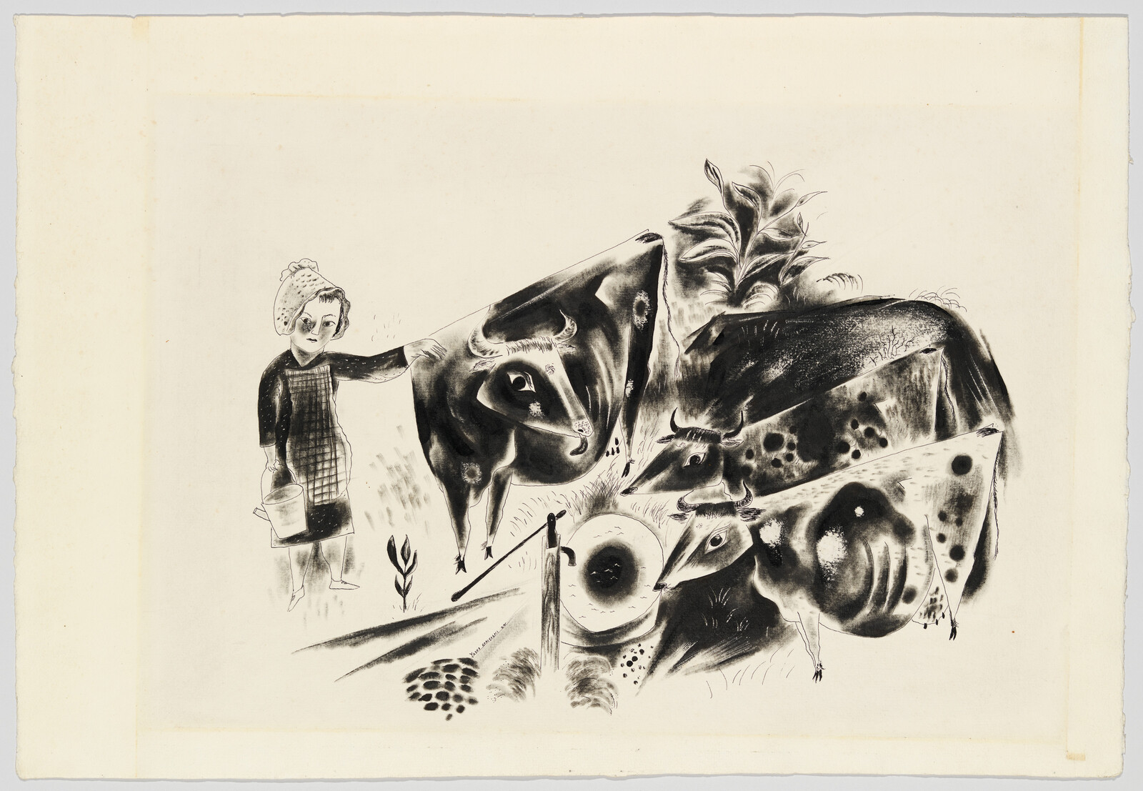 A young girl with a water can stands beside three cows drinking at a trough.