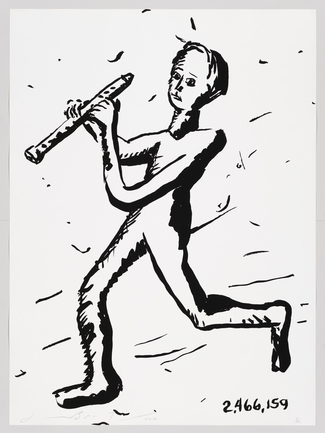 A black ink drawing of a person running while playing a flute.