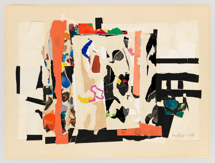 Abstract collage of torn colored paper and black stripes arranged in layered geometric shapes.