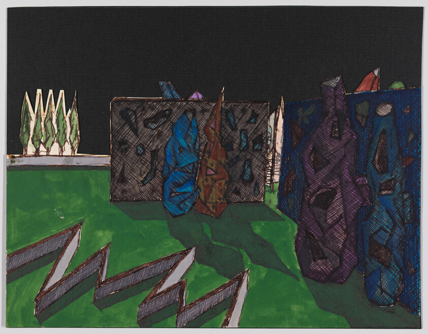 Abstract outdoor scene with geometric colorful sculptures and zigzag concrete slabs on a green lawn.