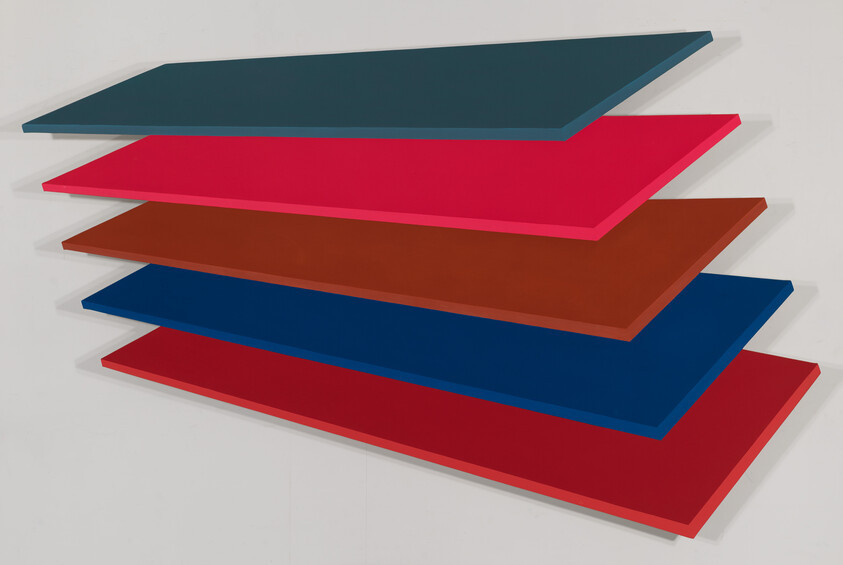 Five layered, colorful rectangular panels float in a staggered, angled arrangement against a pale background.