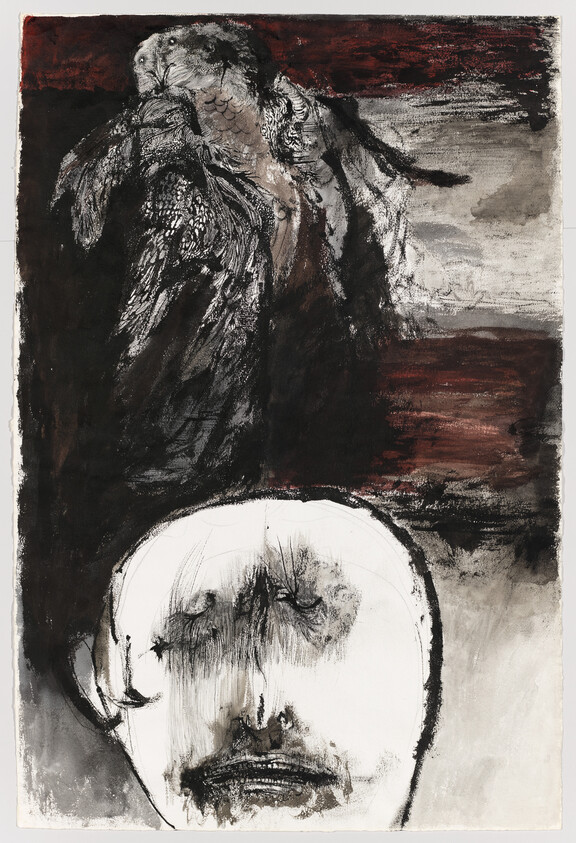 A dark vulture-like bird perched above a distressed, expressionless human face.