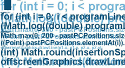 Overlapping lines of Java code, including loops and mathematical functions, creating a dense, layered text effect.