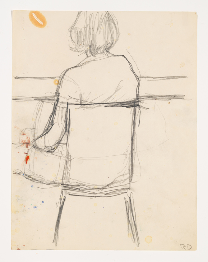 Sketch of a person viewed from behind sitting on a chair, with loose, gestural lines on a paper showing signs of age and some color spots. The person's hair is short and the setting is undefined.