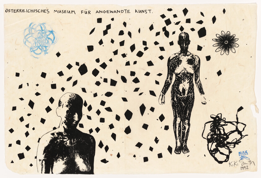 Two black human silhouettes stand among scattered square confetti and abstract floral doodles.