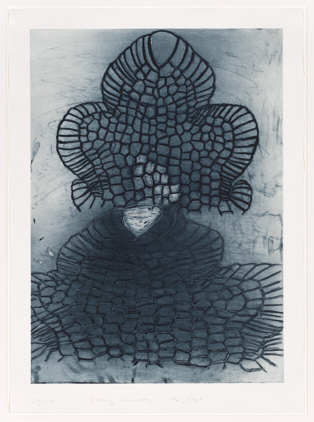 Abstract layered organic shapes resembling a textured figure with hat-like top and tiled patterns.