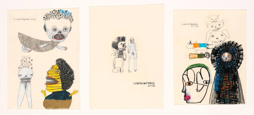 Three panels of whimsical, abstract humanoid drawings with exaggerated faces and mixed-media details.