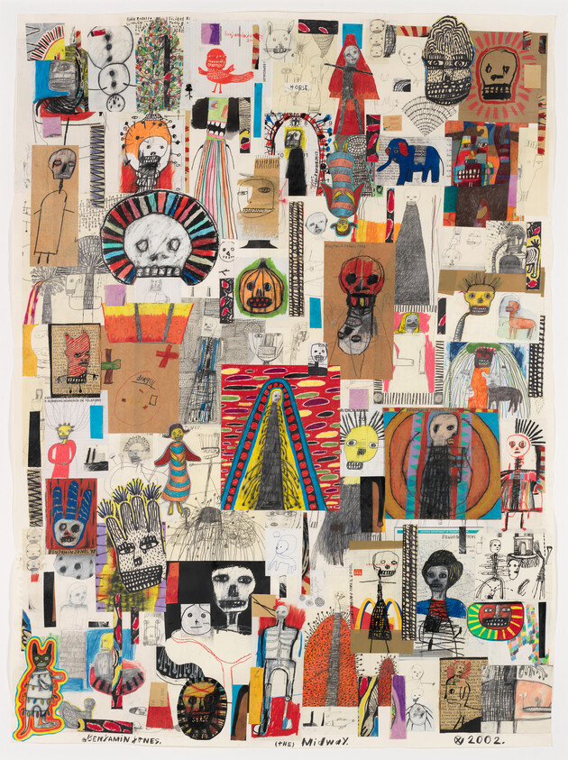 A busy collage of mixed-media drawings showing numerous abstract faces, figures, and colorful patterns.
