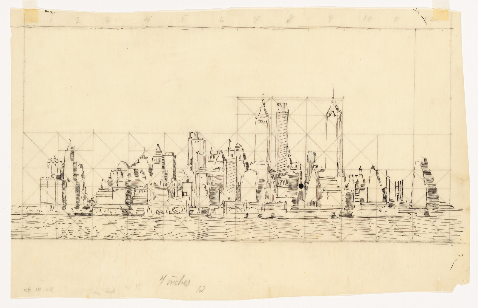Detailed pen sketch of a city skyline with grid guidelines and waterfront reflections.