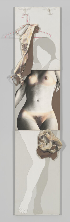 Three-panel artwork showing a nude female torso with undergarments hanging and placed nearby.