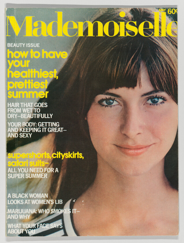 Magazine cover showing a smiling young woman with the title "Mademoiselle" and summer beauty headlines.