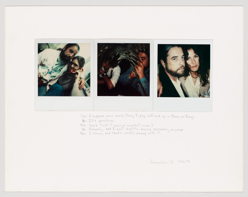 Three Polaroid snapshots showing couples in close, candid poses with handwritten notes below.
