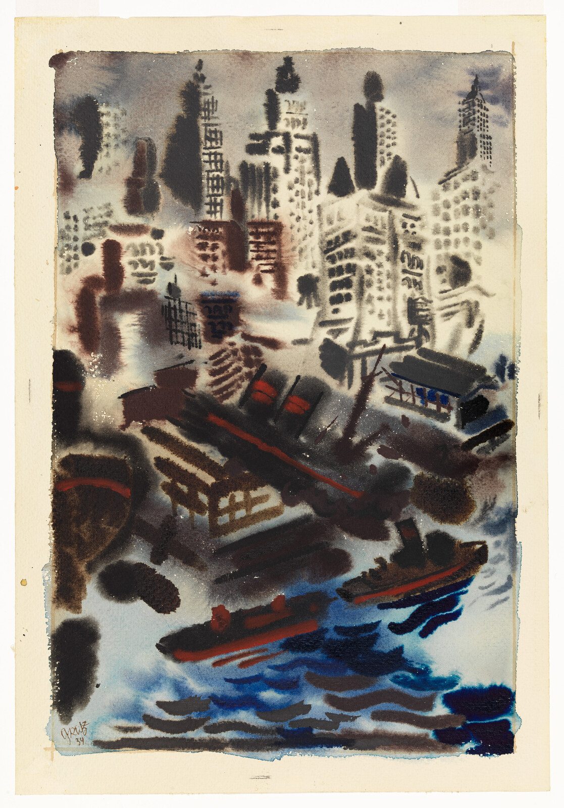 A blurry watercolor city skyline with boats moving on choppy blue water in foreground.