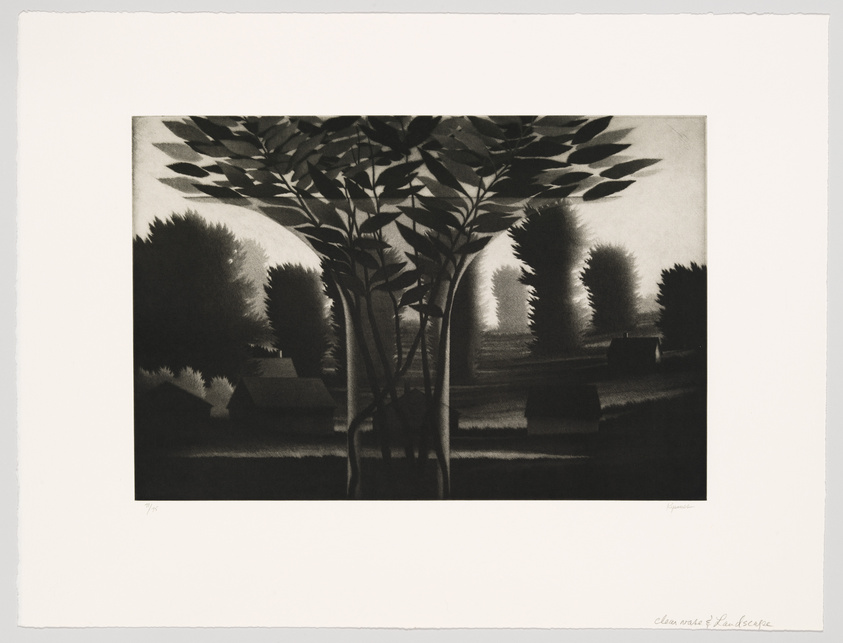 A grayscale artwork depicting a stylized landscape with a prominent tree in the foreground, its leaves casting shadows. In the background, there are neatly trimmed hedge rows and geometric topiary shapes. Below the image, there is handwriting and numbering indicating the print's edition and the artist's signature.