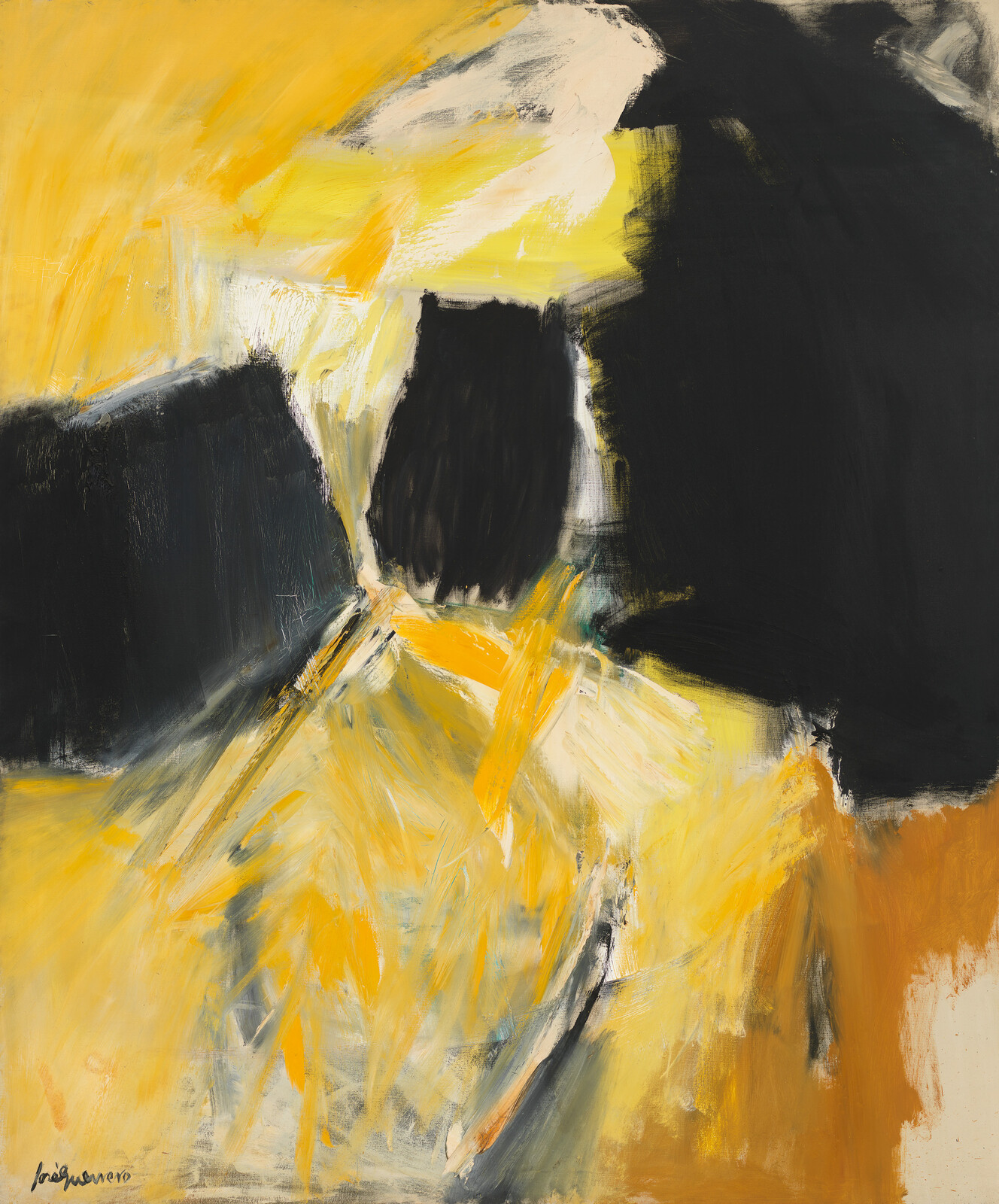 Abstract expressionist painting featuring bold black and yellow strokes with white and orange accents on a canvas, signed by the artist in the lower left corner.