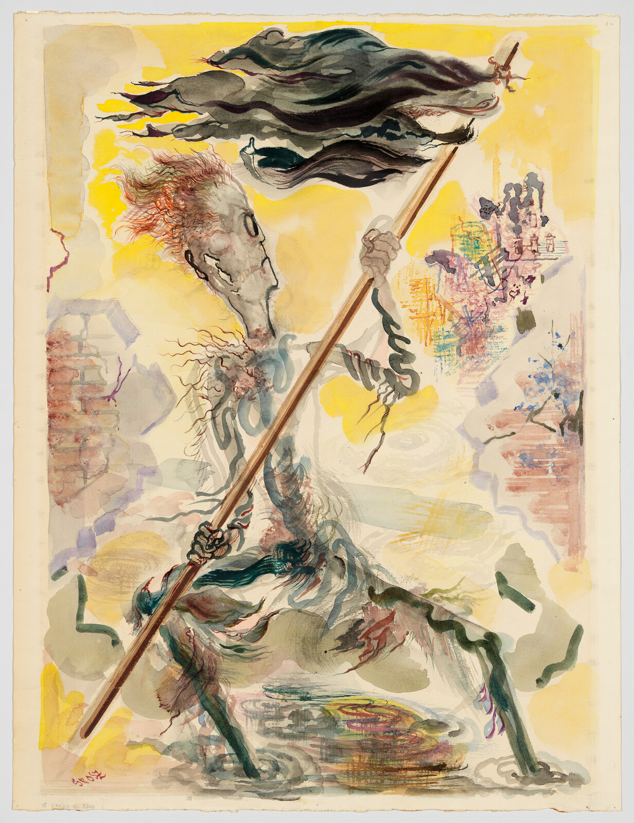 A gaunt, tattered figure plants a long pole with a dark flag while standing in murky water.