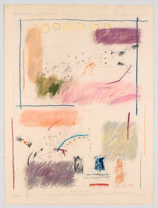 Abstract pastel drawing with colorful scribbles, rectangular frames, and scattered sketch marks.