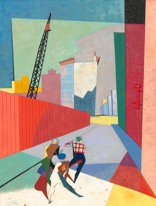 Three workers pull a rope down a colorful street toward a construction crane.
