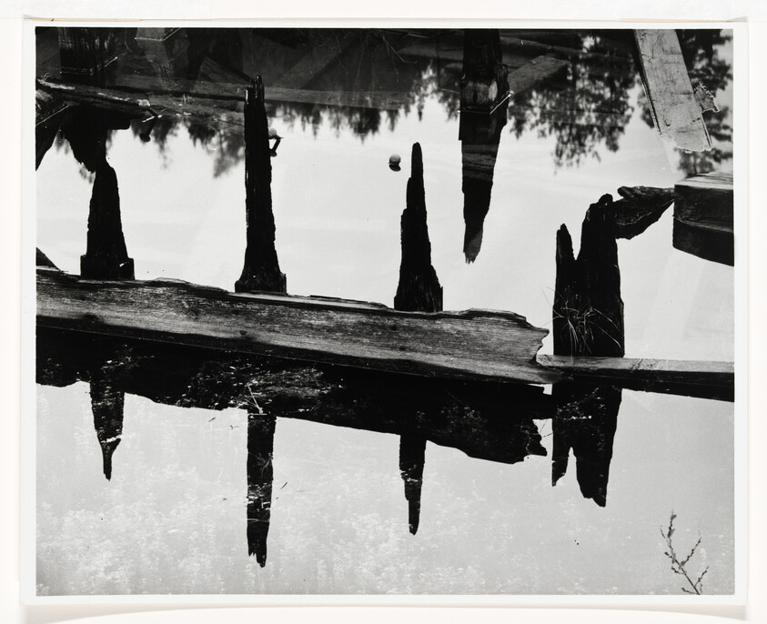 A black and white photograph capturing the reflection of a dilapidated wooden dock and trees in still water, creating an almost symmetrical composition.