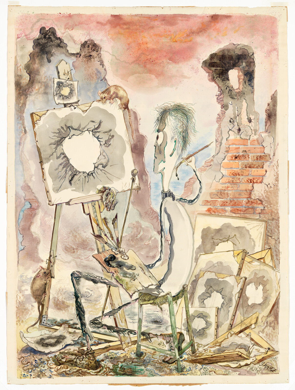 A whimsical watercolor painting depicting a skeletal figure with wild hair seated at an easel, painting a circular, flower-like form. The figure is surrounded by a chaotic studio environment with additional canvases, some featuring similar circular motifs. A mouse perches atop one of the canvases, while another stands on the ground, and a third mouse appears to be painting on a miniature easel. The background is a dreamy blend of pinks and blues, with abstract shapes and a brick archway to the right. The scene is both fantastical and disordered, with a sense of creative energy and decay.
