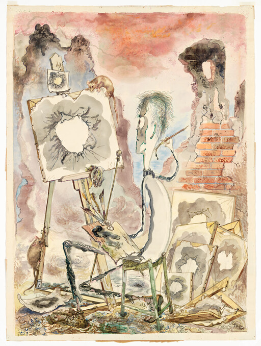 A thin painter sits chained, creating canvases with hole-like bursts while rats explore the studio.