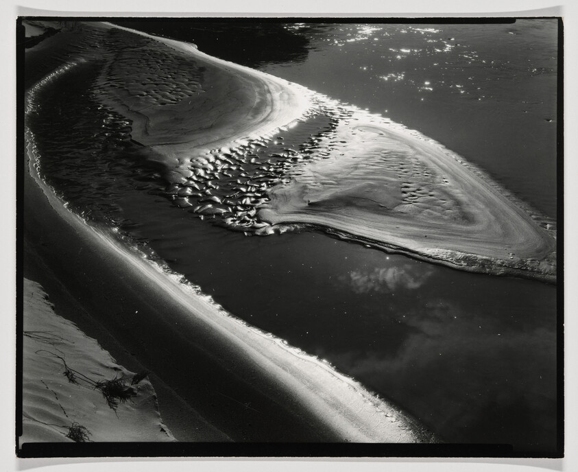 Curving sandbar with rippled wet sand and bright sunlight reflecting on the river surface.