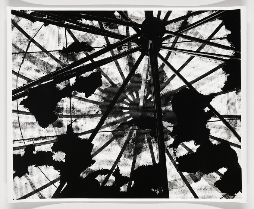 A high-contrast black and white image depicting the silhouette of a Ferris wheel with intricate patterns, possibly viewed through a screen or mesh, creating a textured appearance. The wheel's spokes radiate from the center, and irregular blotches, likely leaves or other objects, are scattered across the image, partially obscuring the wheel's structure.