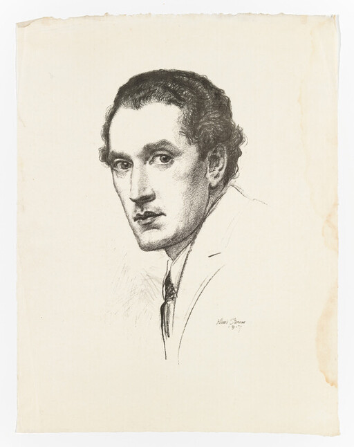A charcoal portrait of a young man in a suit looking back over his shoulder.