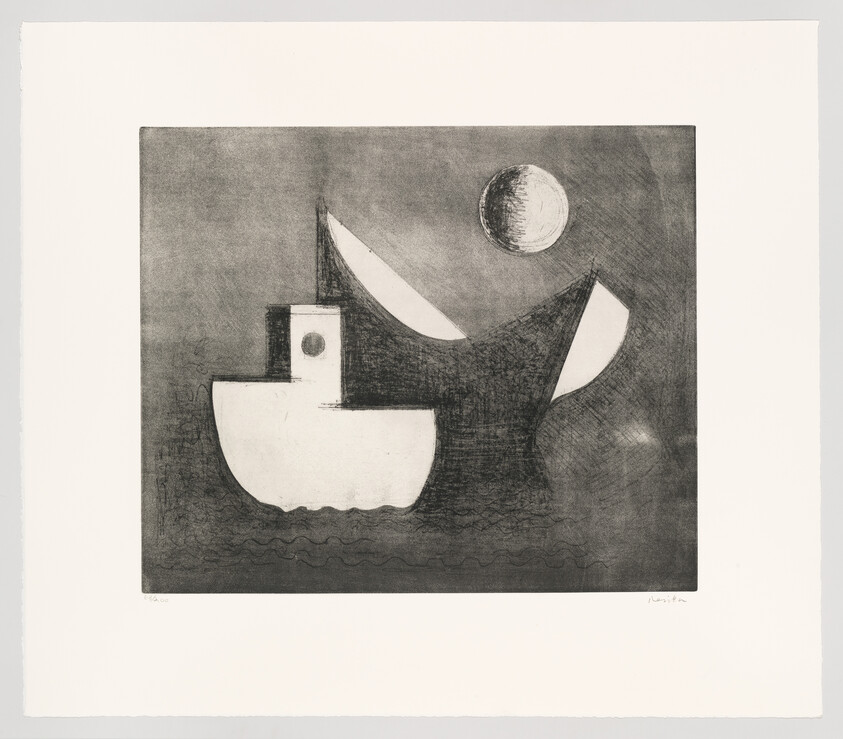 A simple white boat floats on dark water beneath a large moon and abstract shapes.
