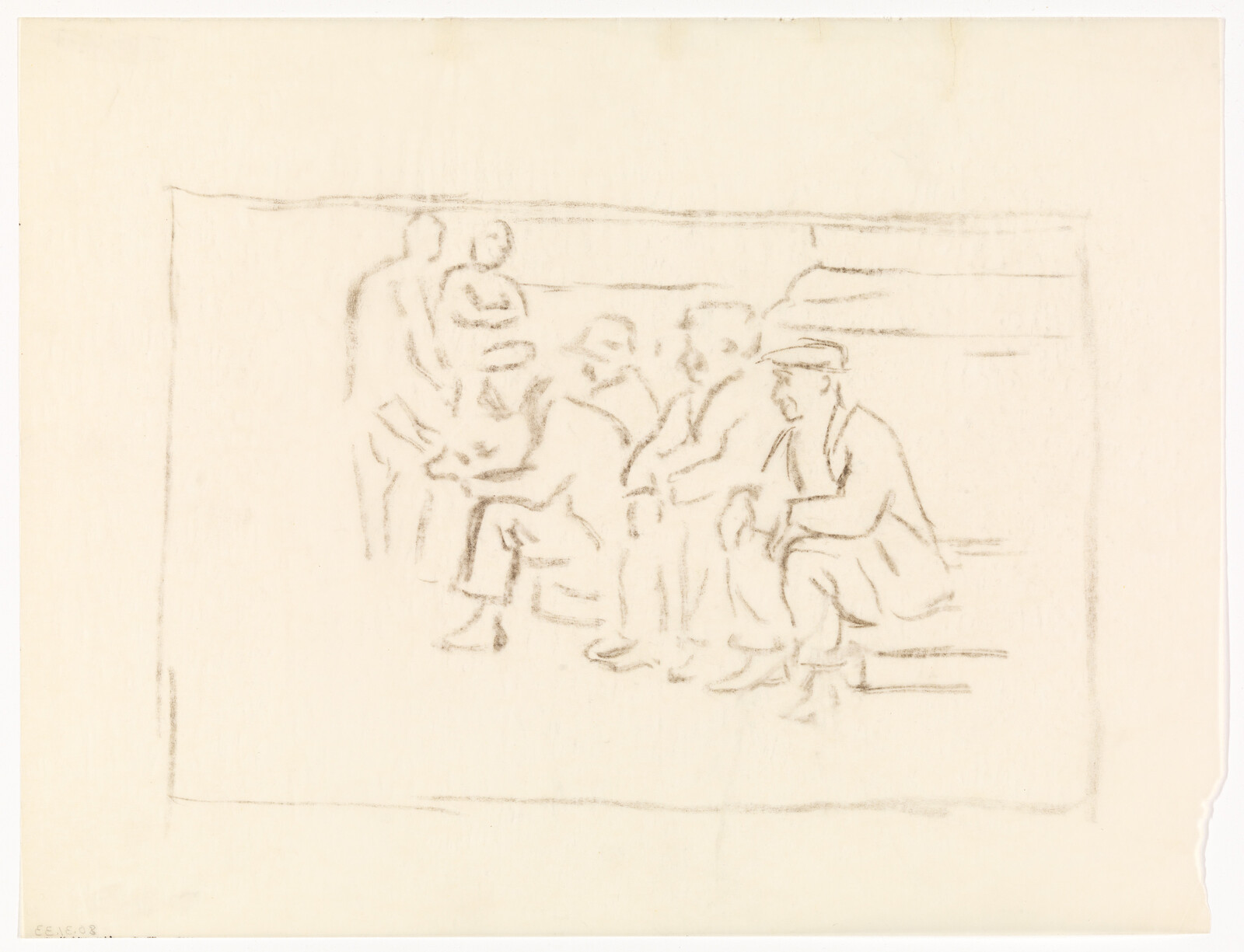 Several men sit on steps, one man reading while others chat quietly.