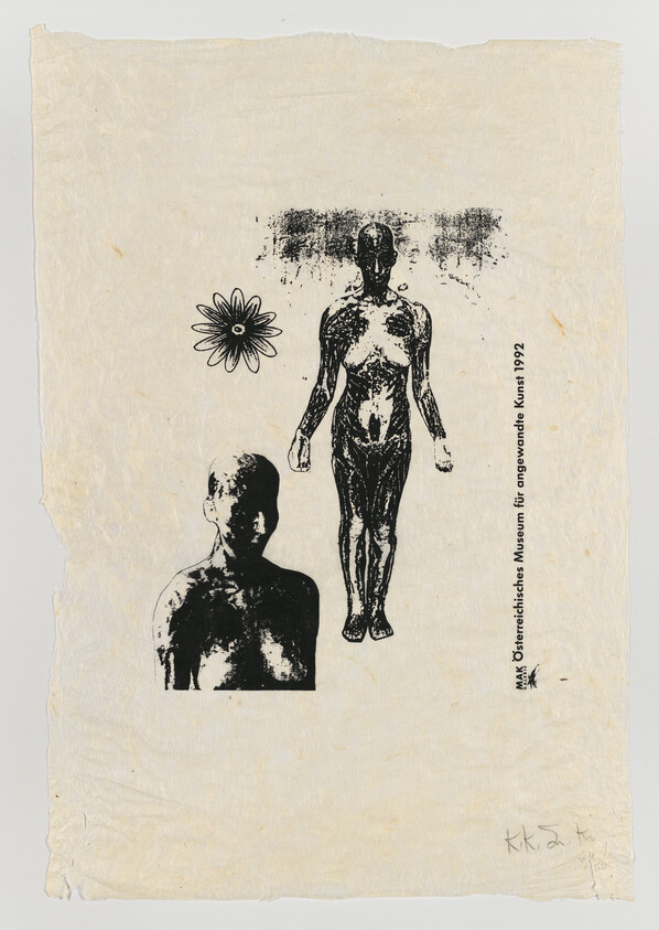 Two black ink prints of a standing nude figure and head beside a daisy on textured paper.