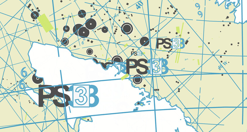 Abstract map design with overlapping blue lines, black circles, and "PS3B" text scattered across a light yellow background.