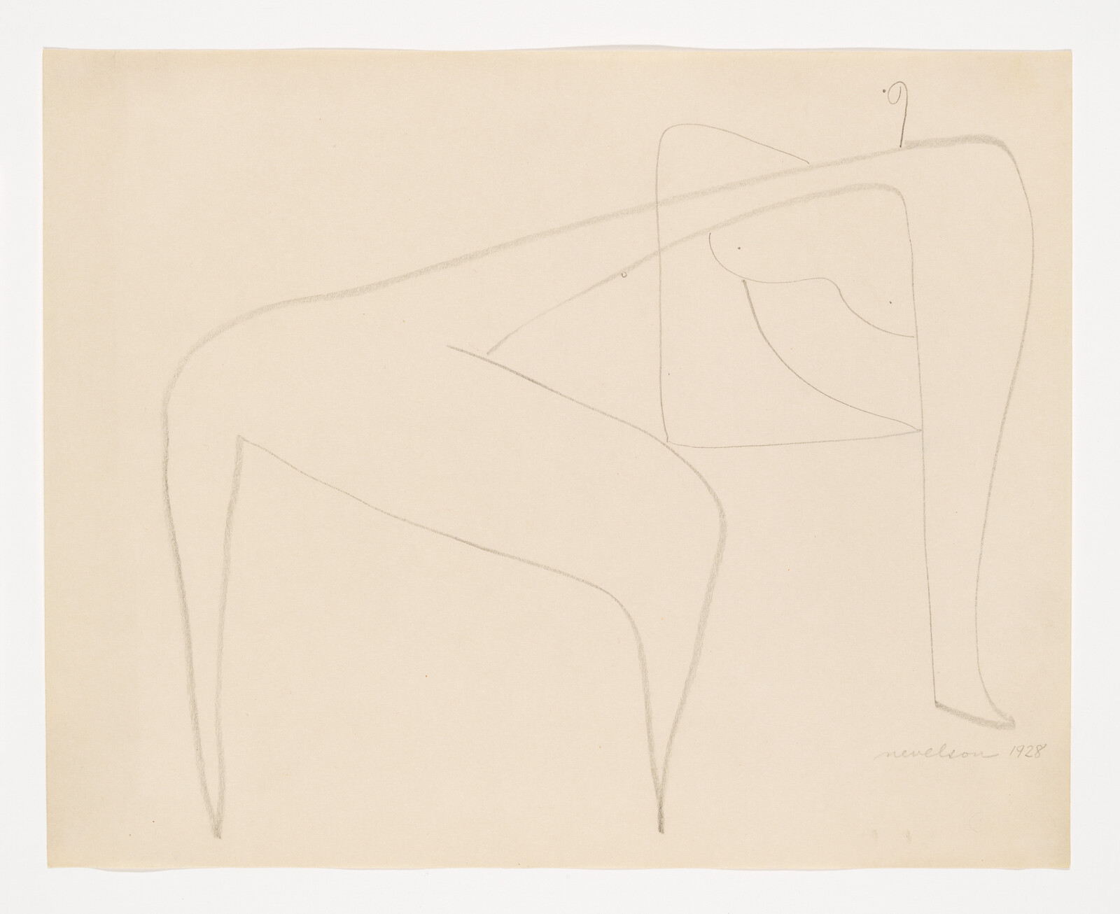 Minimal pencil sketch of a reclining nude woman draped over a simple chair with long legs.
