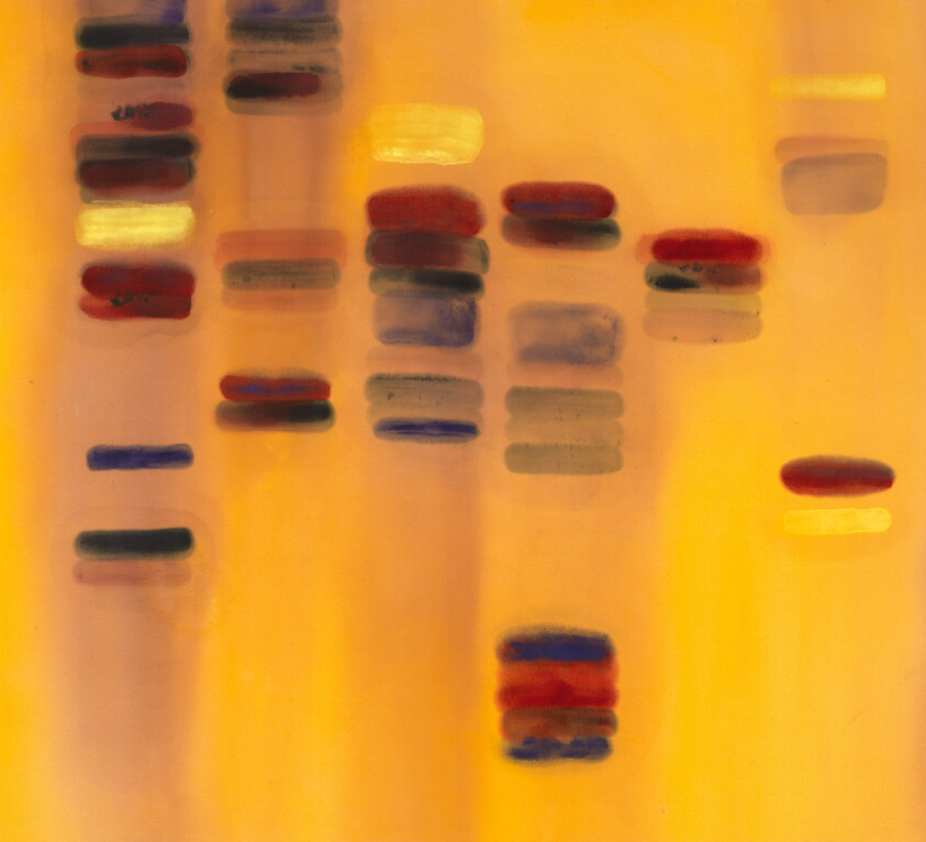 Vertical columns of blurred multicolored bands on a warm orange background, like chromatography results.