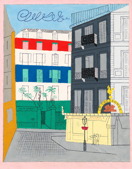 A corner café called La Cressonée with a yellow awning and outdoor table among colorful buildings.