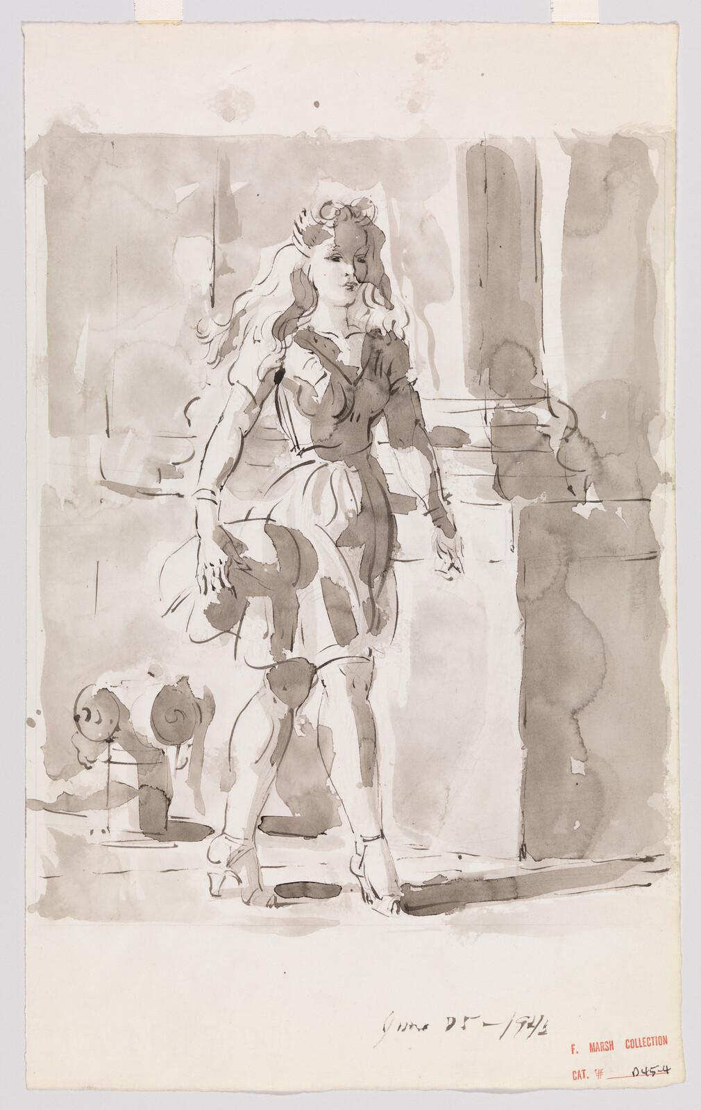 A young woman in a dress stands holding a hat in a loose ink-wash sketch.