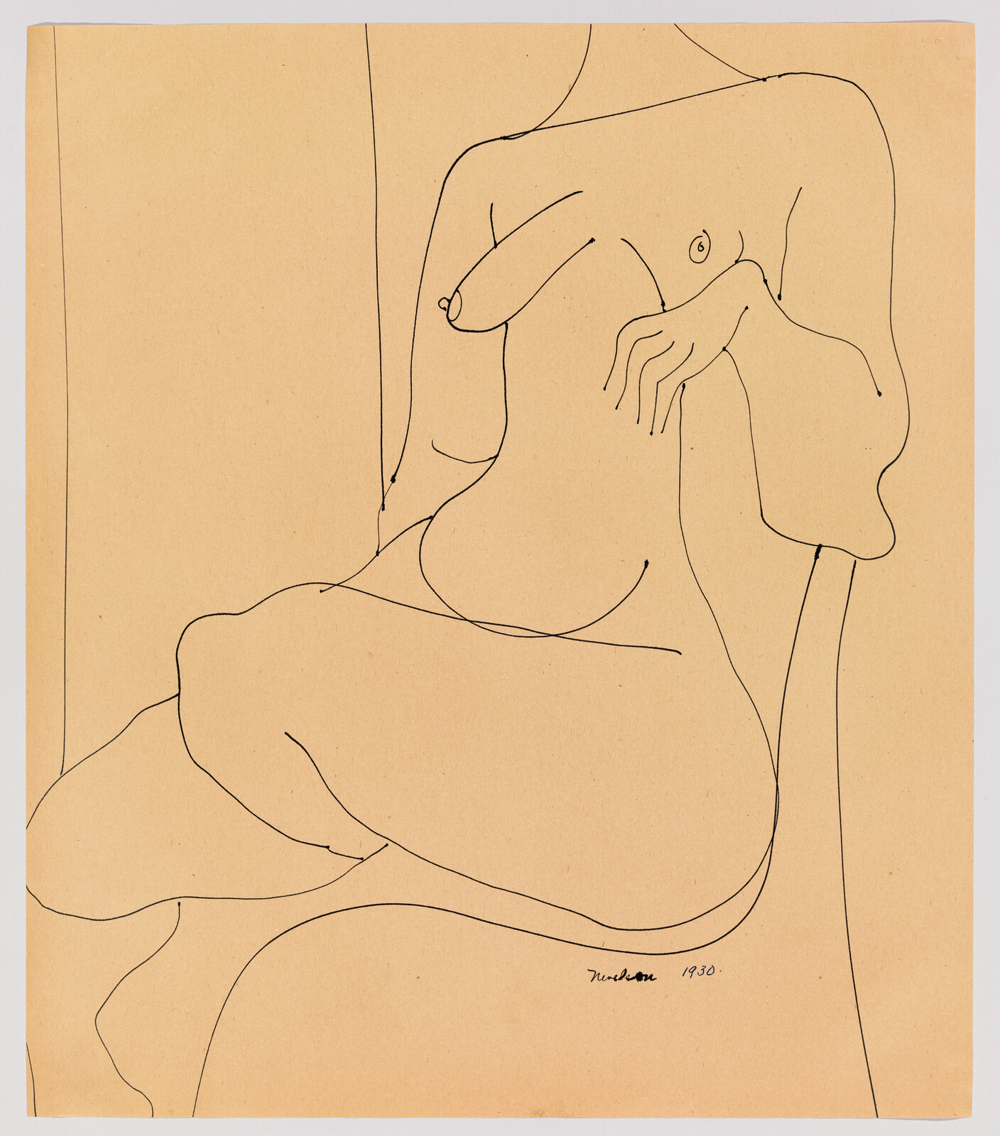 A simple black-line drawing of a seated nude woman with one hand resting on her knee.