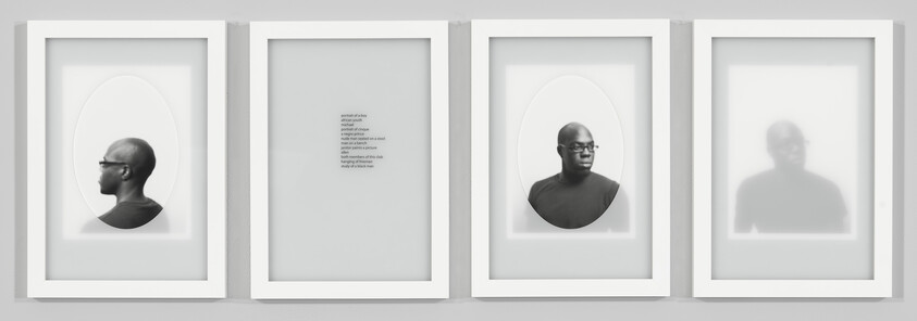 Four framed portraits show a man in profile, three-quarter view, and blurred silhouettes across a wall.